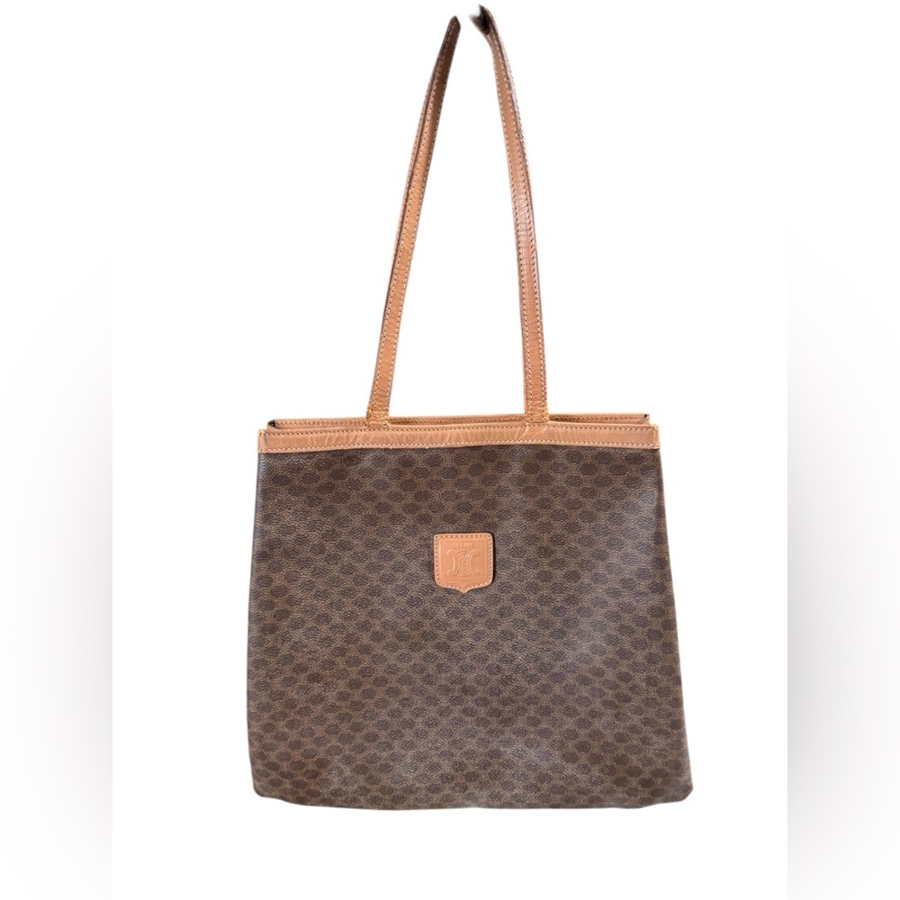 Vintage CELINE Macadam Canvas Vertical Tote Leather Handles
